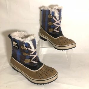 Sorel Blue Plaid Waterproof Leather Fur Snow Boots